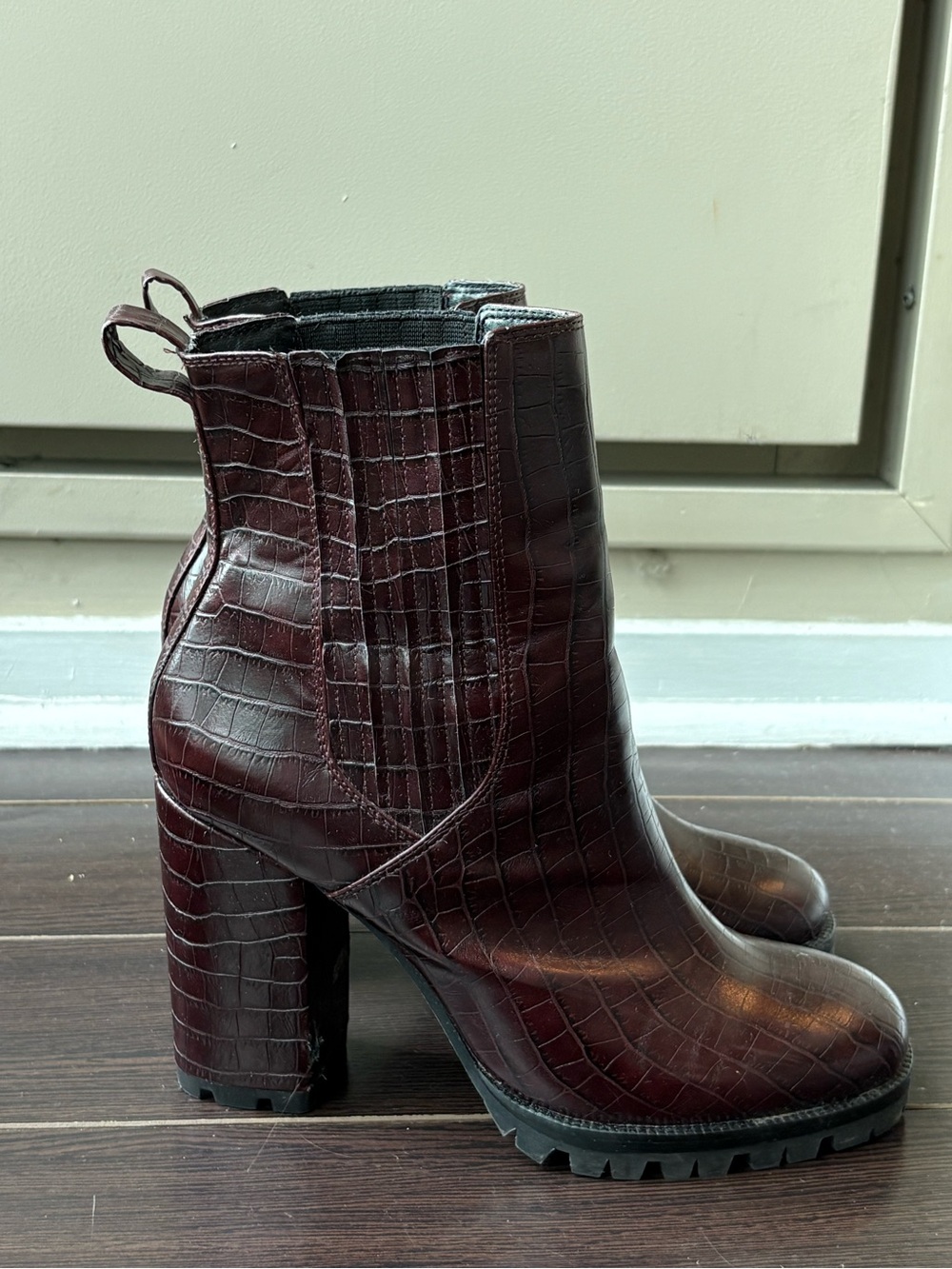 H&M Croc-Embossed Block Heel Ankle Boots in Deep Burgundy